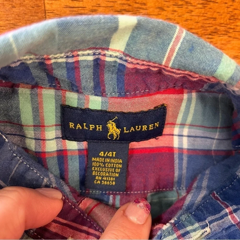 Ralph Lauren boys plaid navy red button down short sleeve shirt size 4/4T